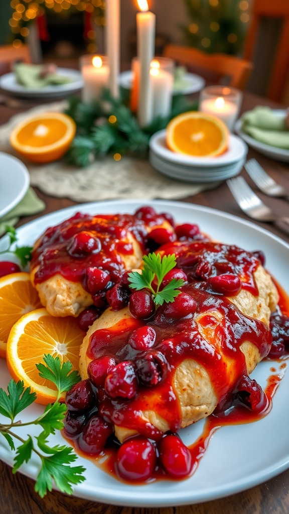 Cranberry Orange Chicken garnished with parsley, surrounded by orange slices, served on a festive dining table.